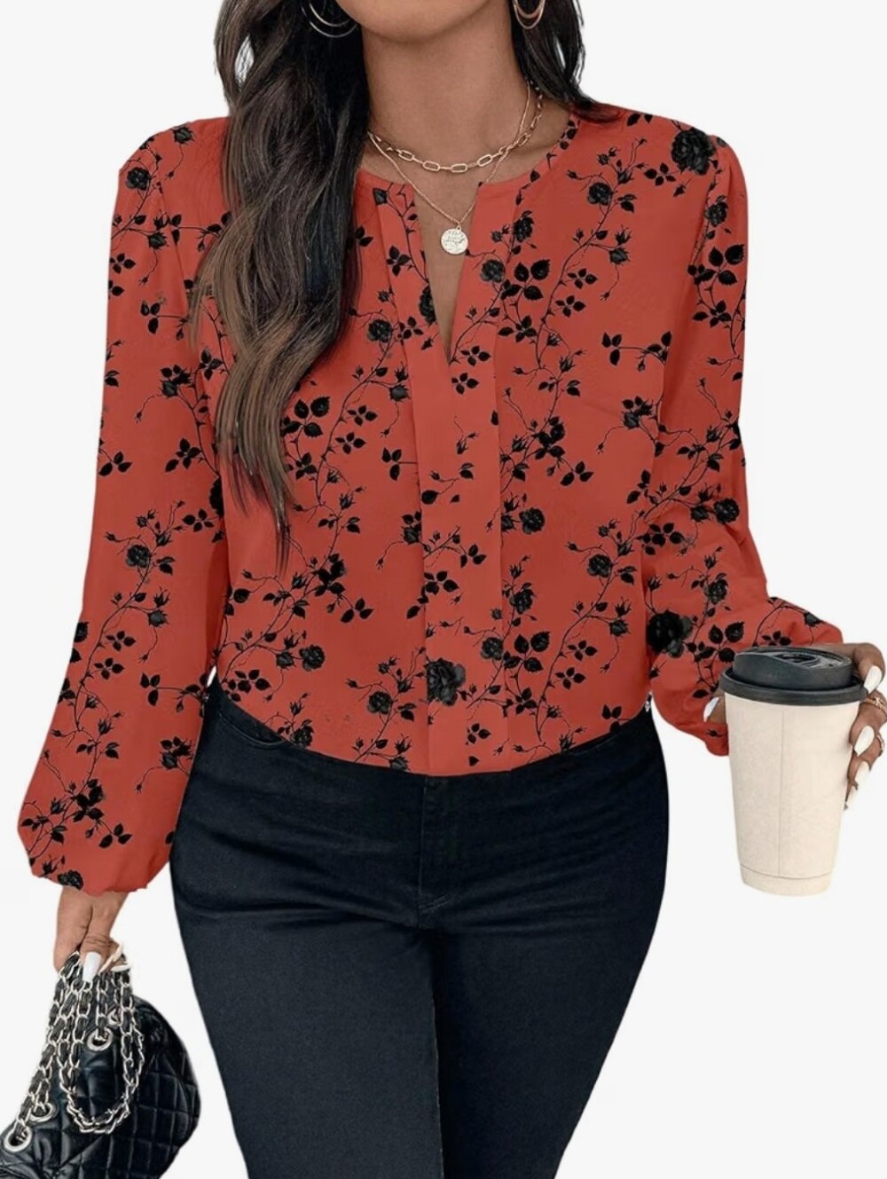Women's Floral Split-Neck Blouse - Rust